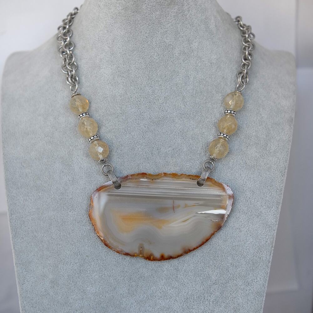 Brighton Agate Quartz Statement Necklace Rock My Heart Silver Retired